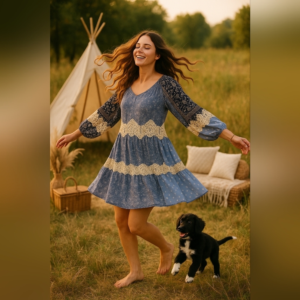 Loft Blue Boho Peasant Tent Dress Size M Lace Detail Long Sleeve Cottage